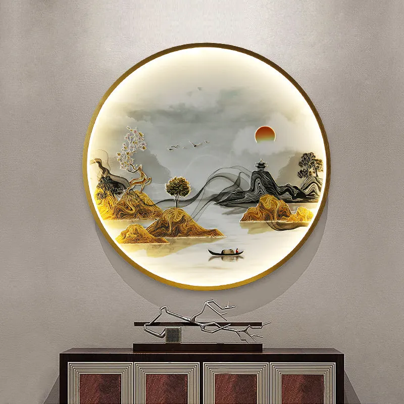 Three dimensional relief decorative painting lamp with landscape mural in metal frame for entryway wall