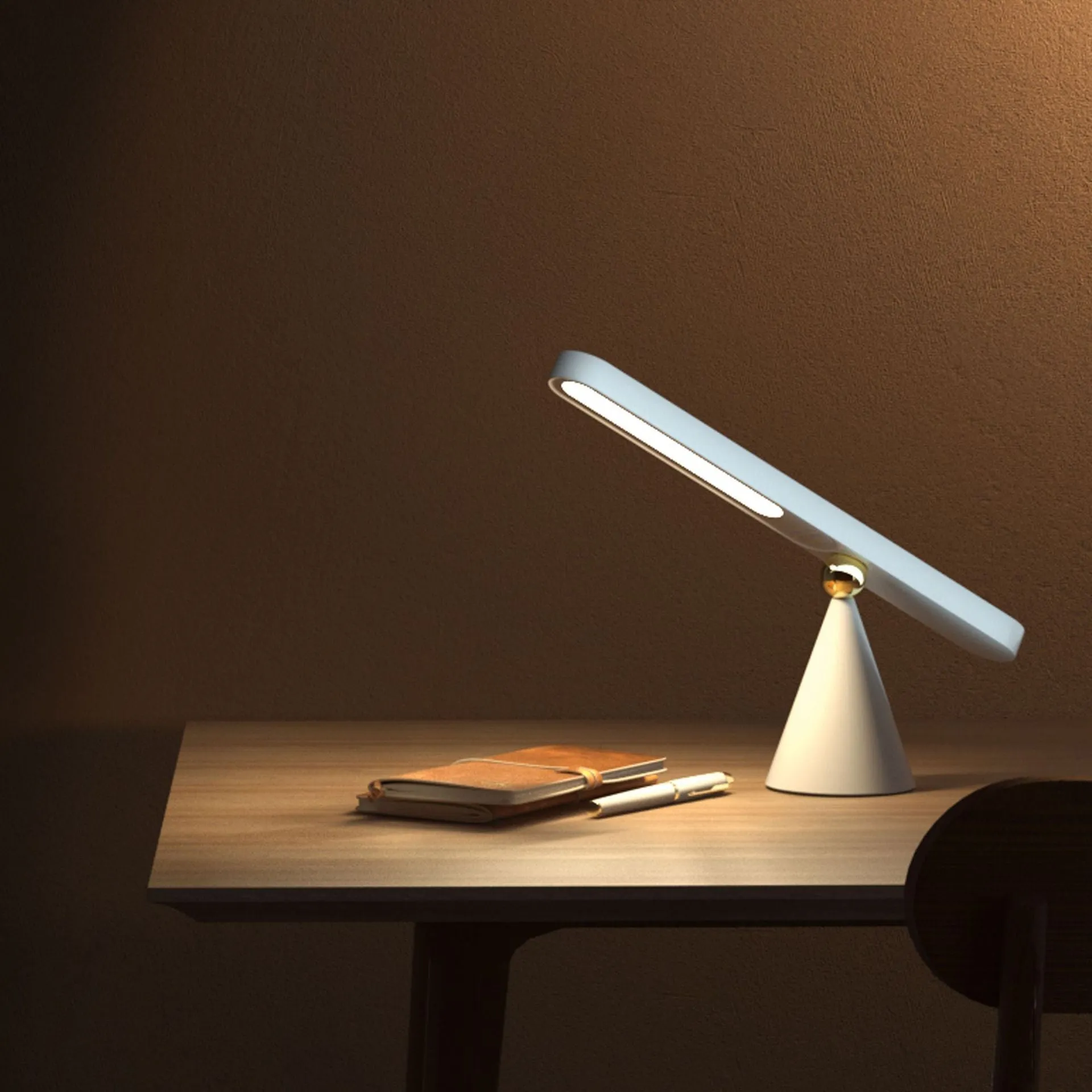 Creative geometric desk lamp in white with magnetic suction base and touch switch, USB powered