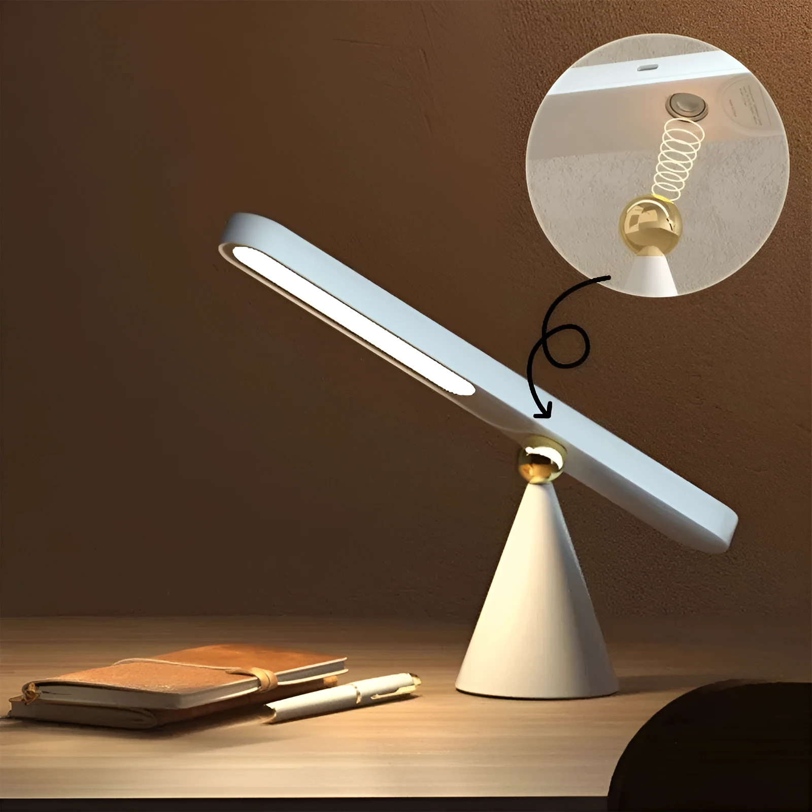 Creative geometric desk lamp in white with magnetic suction base and touch switch, USB powered