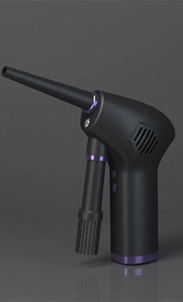 Black cordless air duster with withdrawable nozzle, warm light, for cleaning computer keyboard and camera