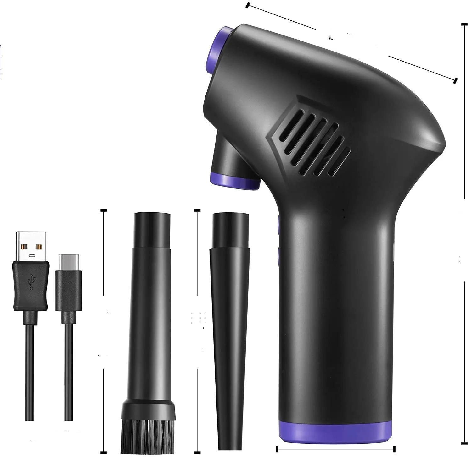 Black cordless air duster with withdrawable nozzle, warm light, for cleaning computer keyboard and camera