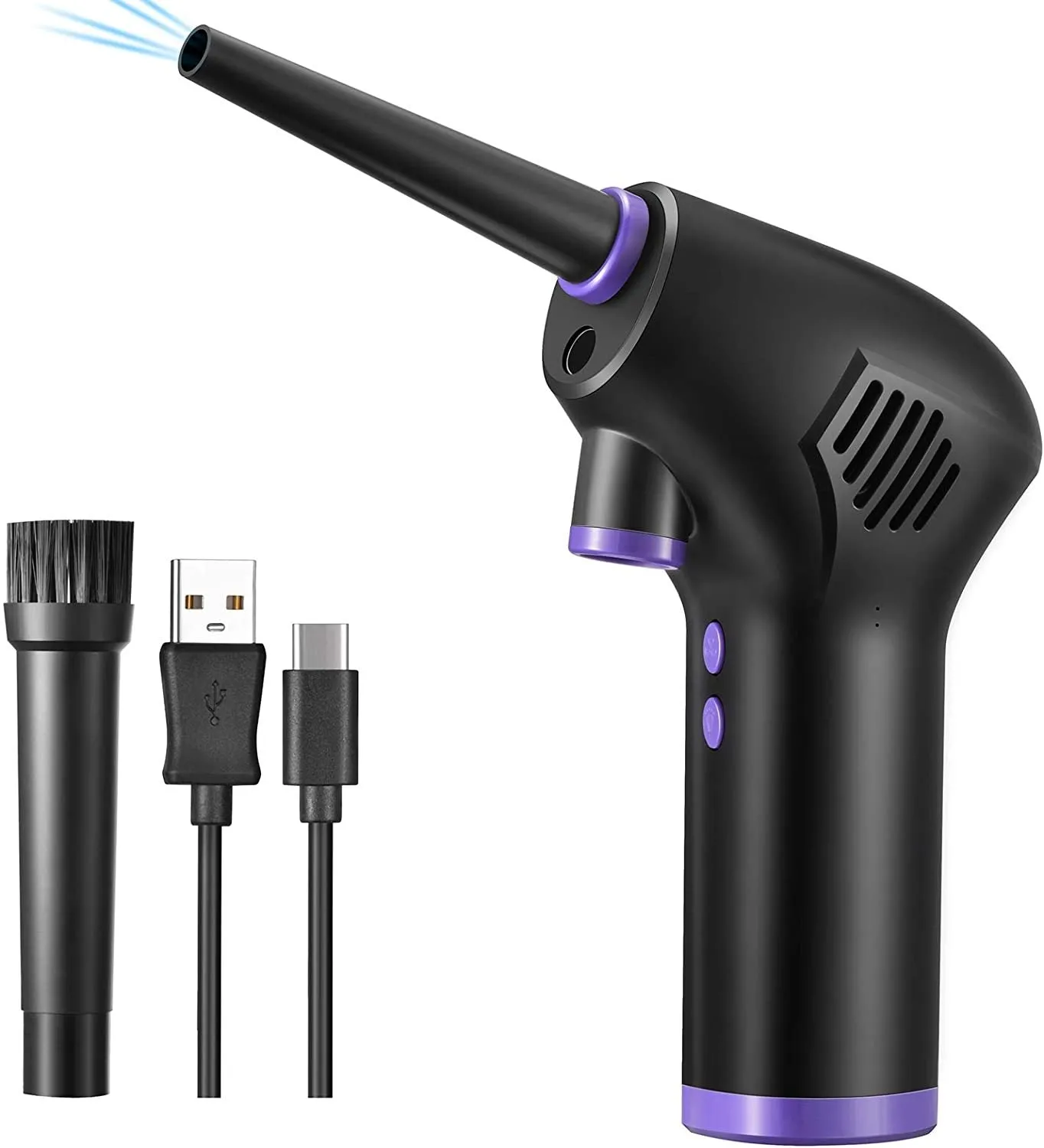 Black cordless air duster with withdrawable nozzle, warm light, for cleaning computer keyboard and camera