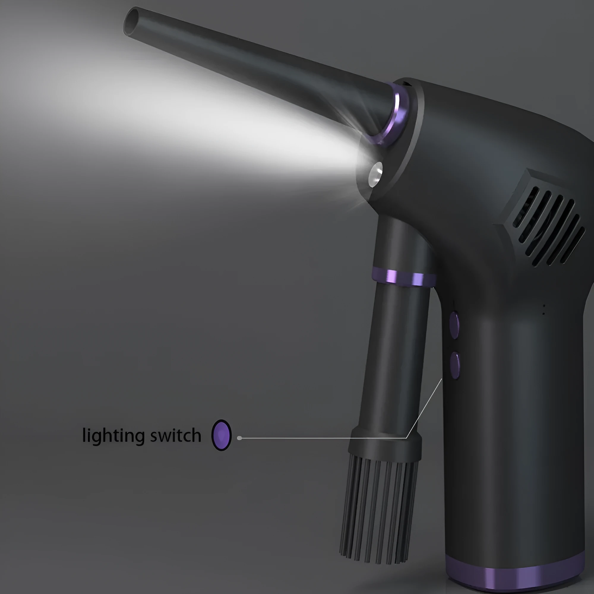 Black cordless air duster with withdrawable nozzle, warm light, for cleaning computer keyboard and camera