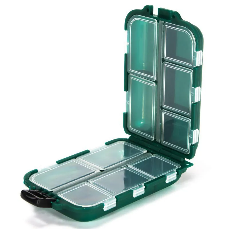 Small plastic fishing tackle storage box with 10 compartments in black, blue, or green