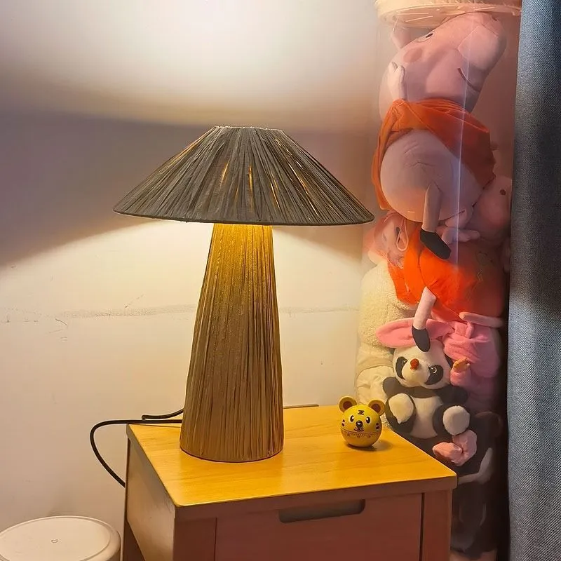 Japanese-style hand-woven bamboo hat table lamp with 38cm rope shade on wooden surface