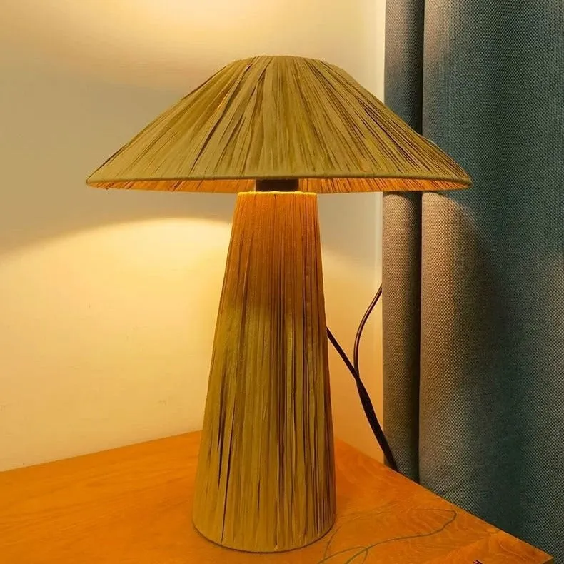 Japanese-style hand-woven bamboo hat table lamp with 38cm rope shade on wooden surface
