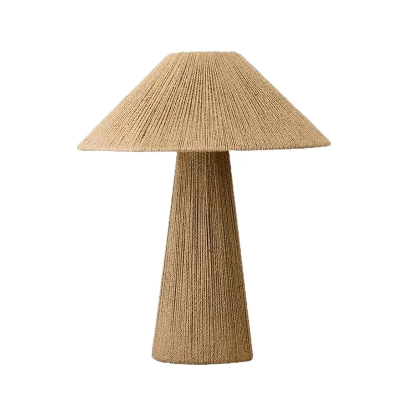 Japanese-style hand-woven bamboo hat table lamp with 38cm rope shade on wooden surface