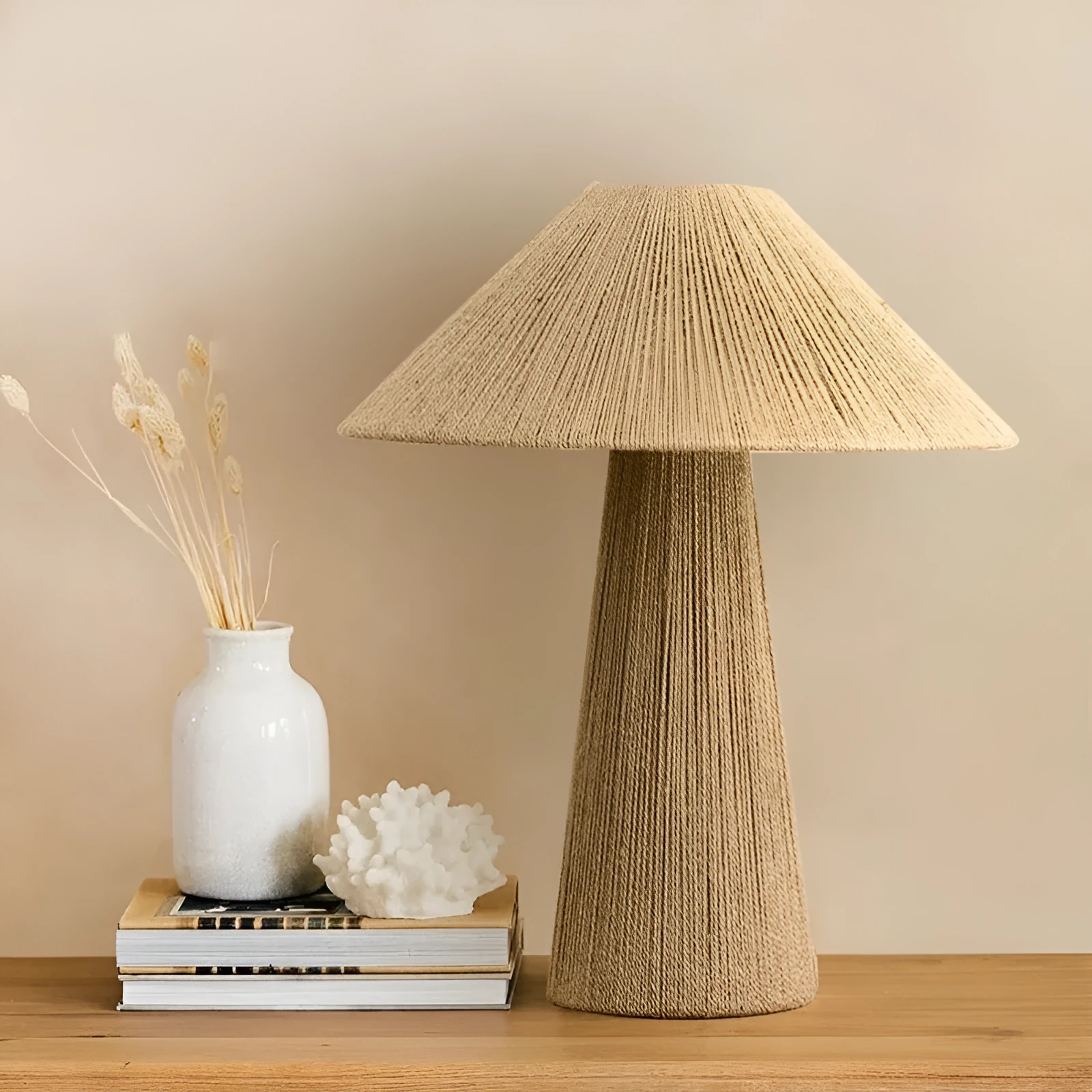 Japanese-style hand-woven bamboo hat table lamp with 38cm rope shade on wooden surface