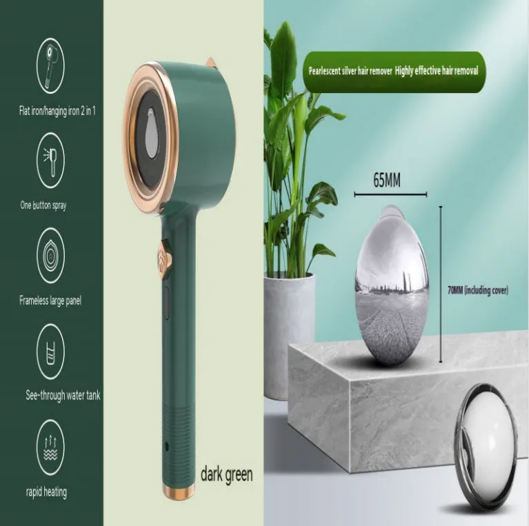 Mini handheld garment steamer in green with visual water tank and US plug