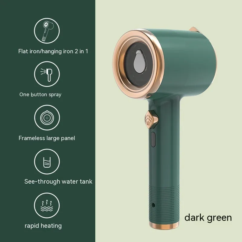 Mini handheld garment steamer in green with visual water tank and US plug