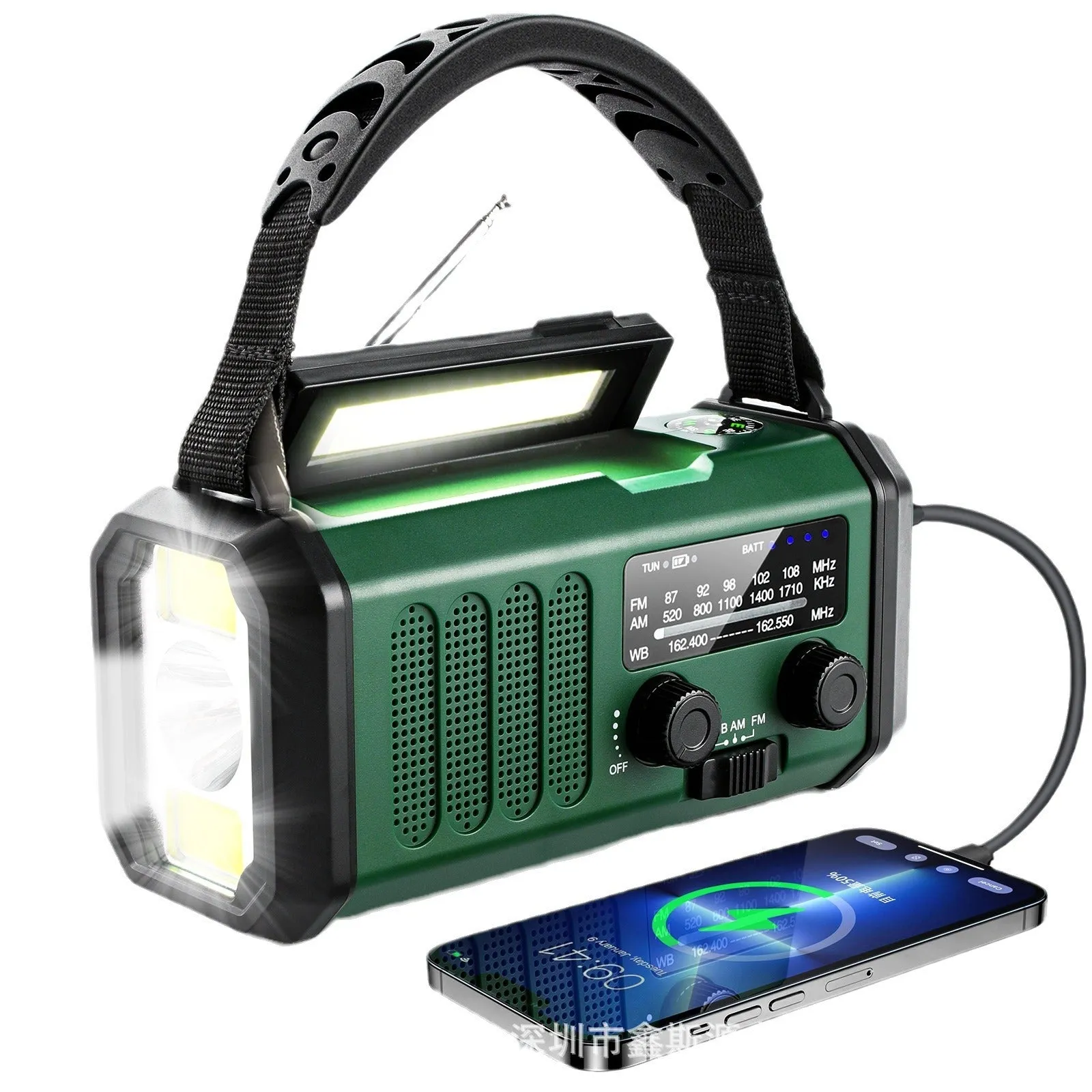 Outdoor emergency solar charging flashlight with FM/AM radio, compass, and wrist strap in army green ABS casing