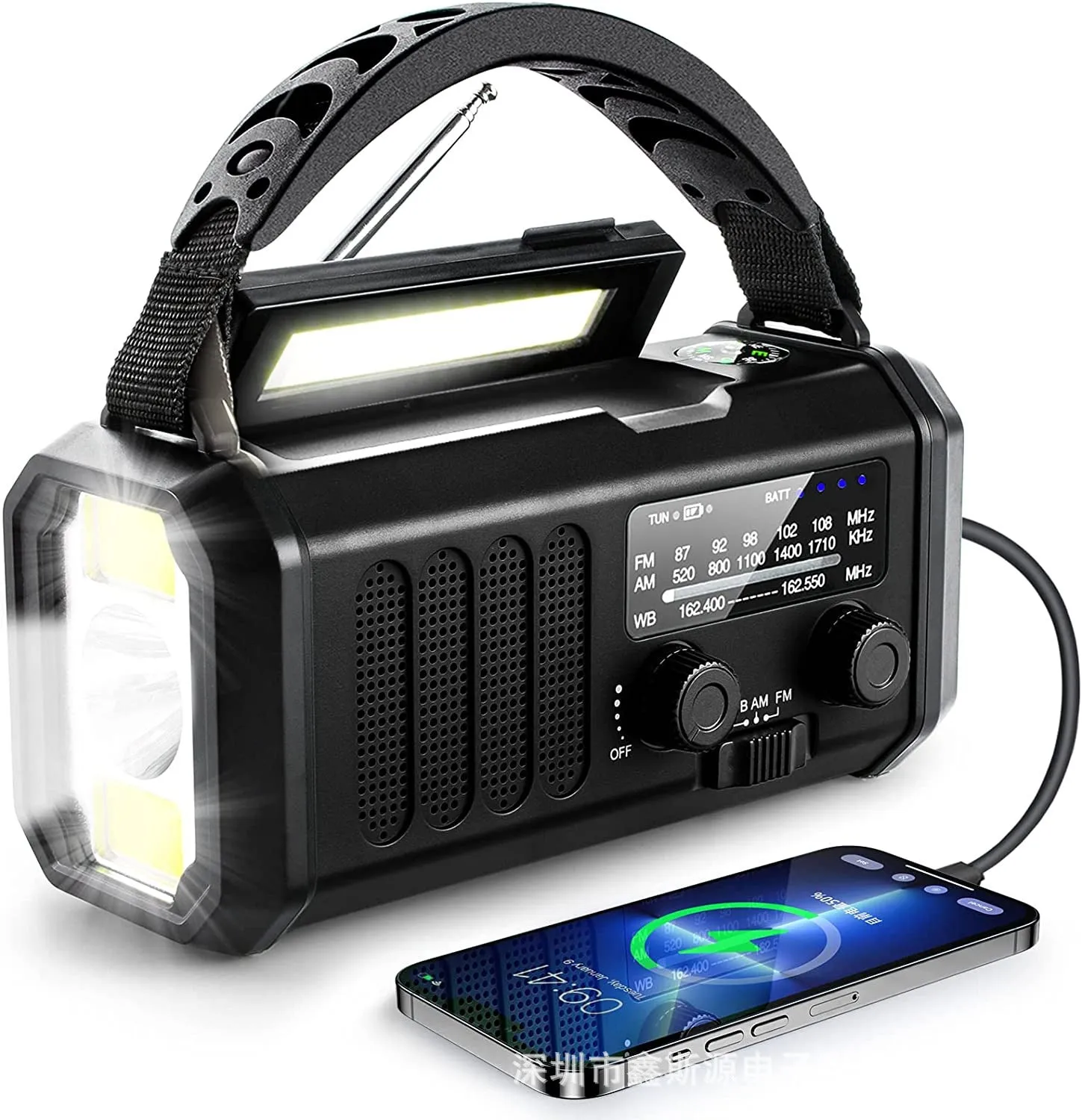 Outdoor emergency solar charging flashlight with FM/AM radio, compass, and wrist strap in army green ABS casing