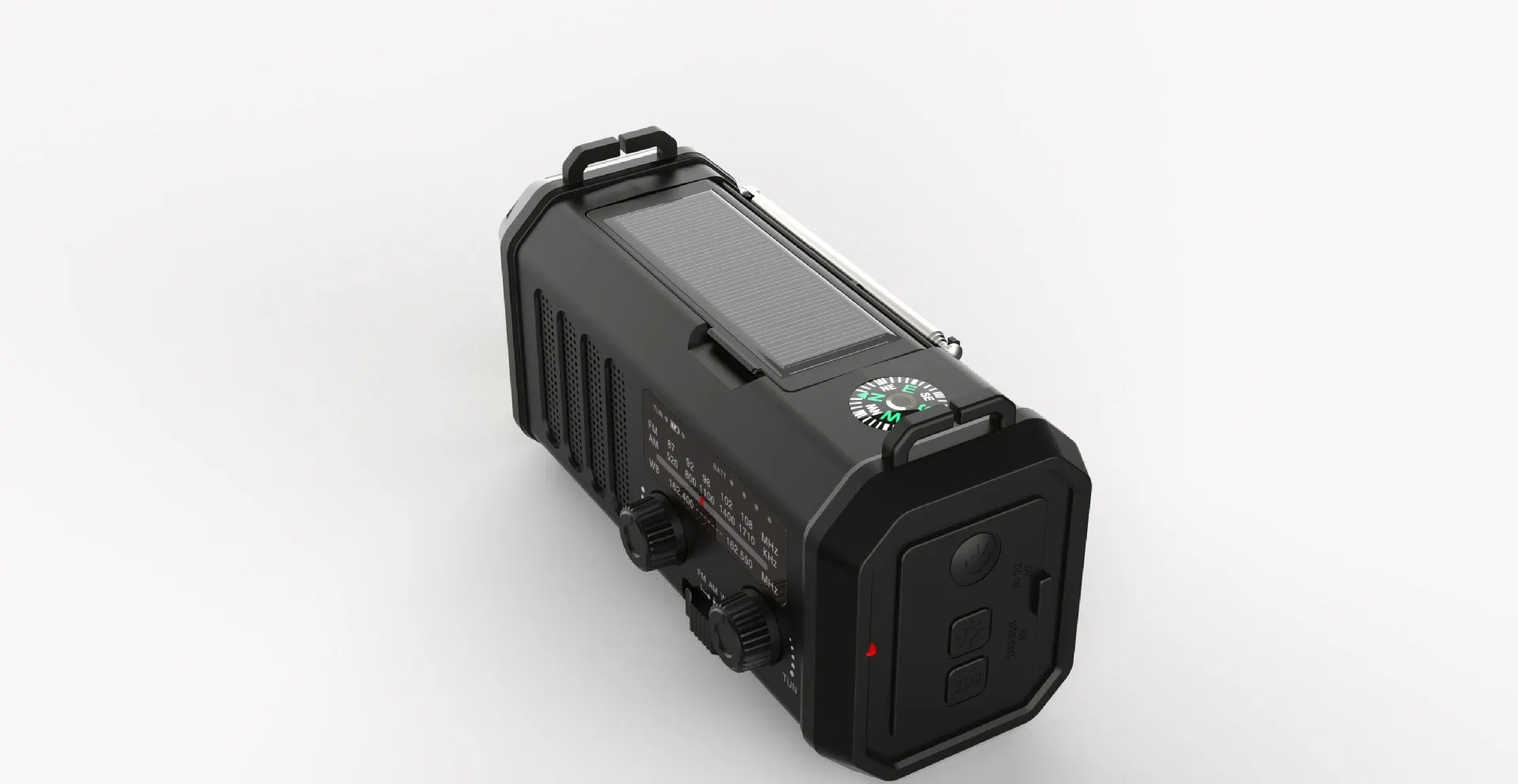 Outdoor emergency solar charging flashlight with FM/AM radio, compass, and wrist strap in army green ABS casing