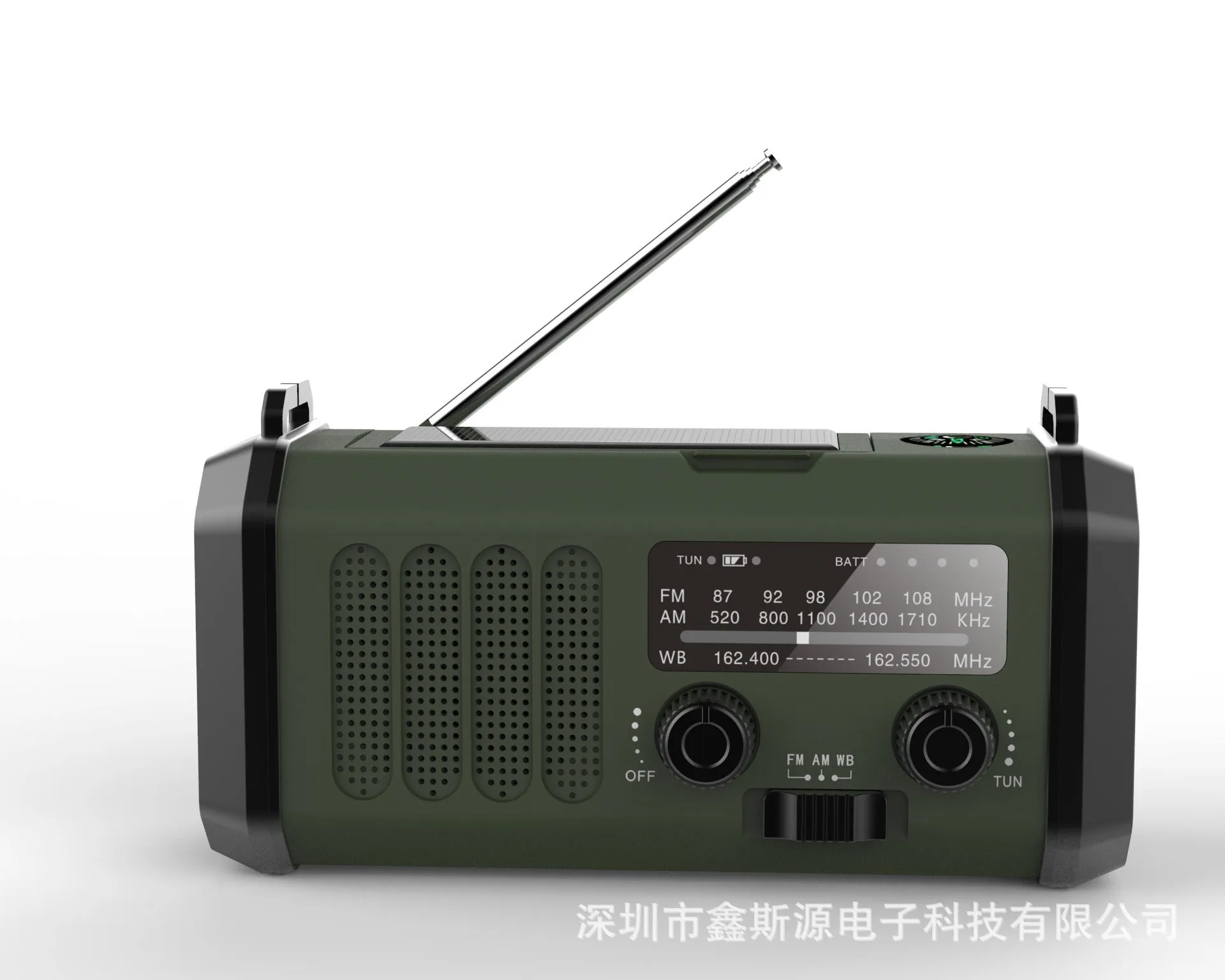Outdoor emergency solar charging flashlight with FM/AM radio, compass, and wrist strap in army green ABS casing
