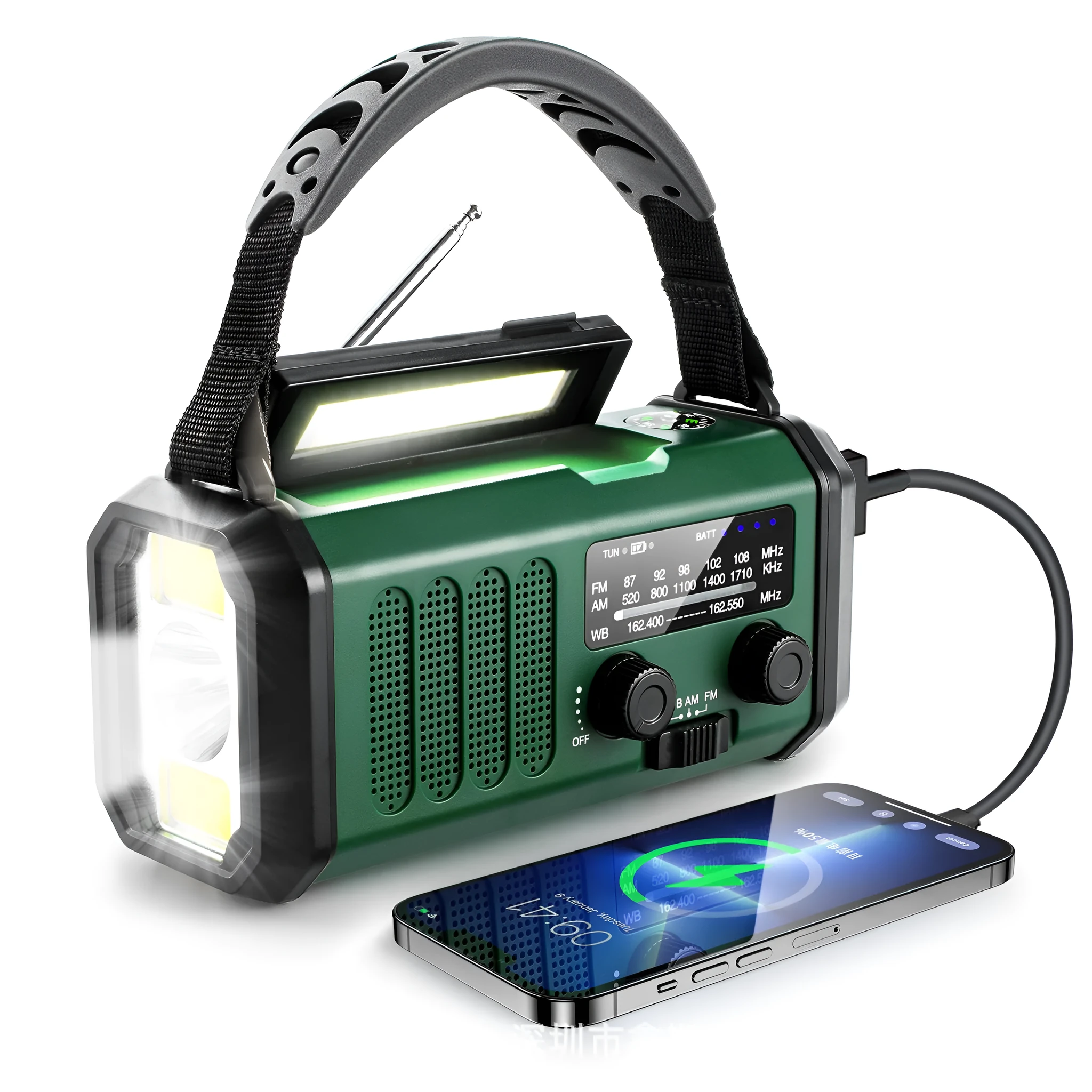 Outdoor emergency solar charging flashlight with FM/AM radio, compass, and wrist strap in army green ABS casing