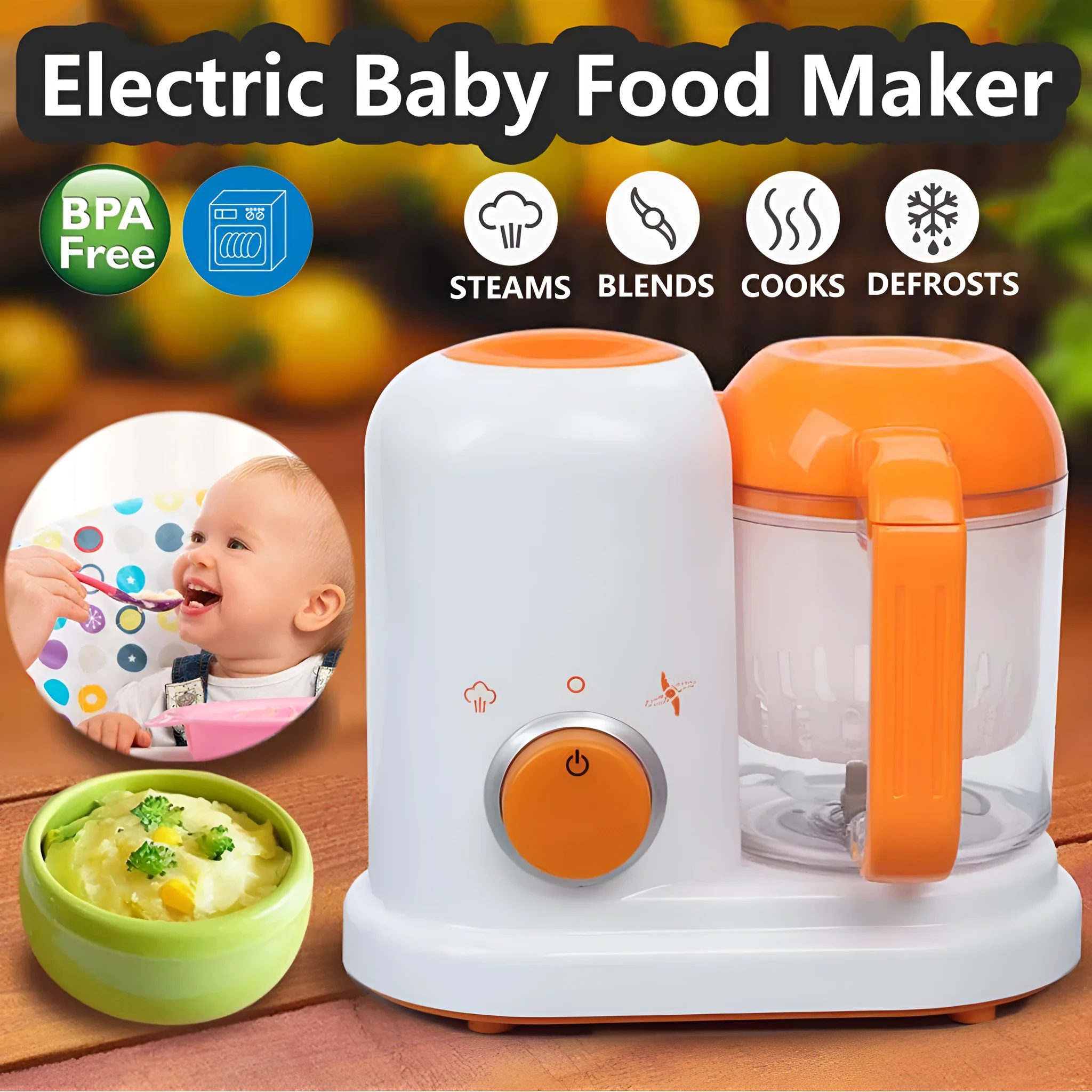 Multi-function baby food processor in light green with steam and stir functions, 190ml capacity, BPA-free materials