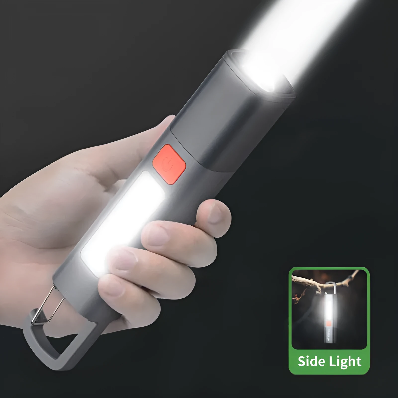 Multifunctional camping lantern rechargeable portable hook flashlight gray ABS 5W with keychain