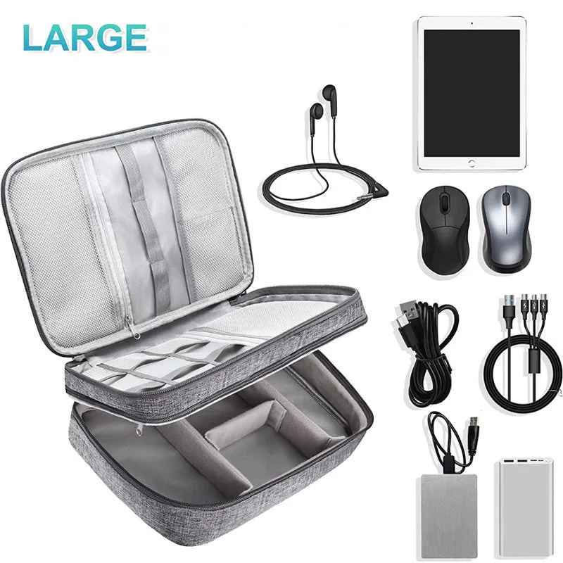 Gray waterproof double-layer electronics organizer bag with adjustable dividers and carrying handle, open to show elastic loops and mesh pockets