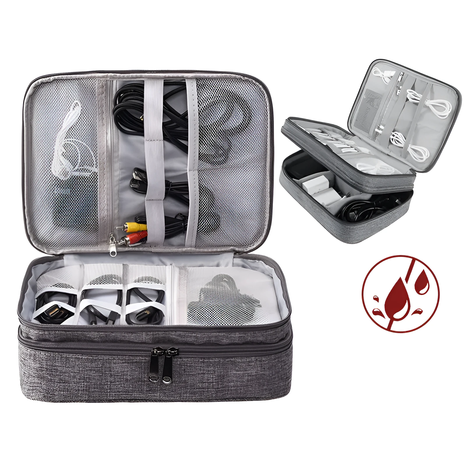 Gray waterproof double-layer electronics organizer bag with adjustable dividers and carrying handle, open to show elastic loops and mesh pockets