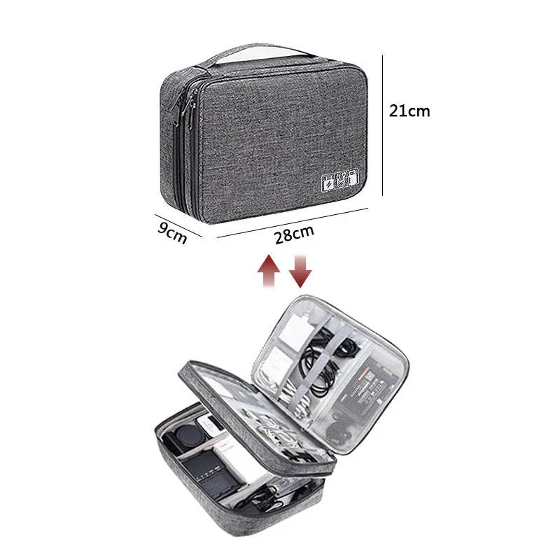 Gray waterproof double-layer electronics organizer bag with adjustable dividers and carrying handle, open to show elastic loops and mesh pockets