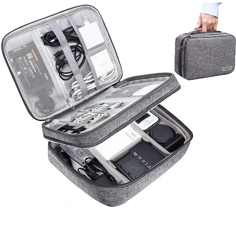Gray waterproof double-layer electronics organizer bag with adjustable dividers and carrying handle, open to show elastic loops and mesh pockets