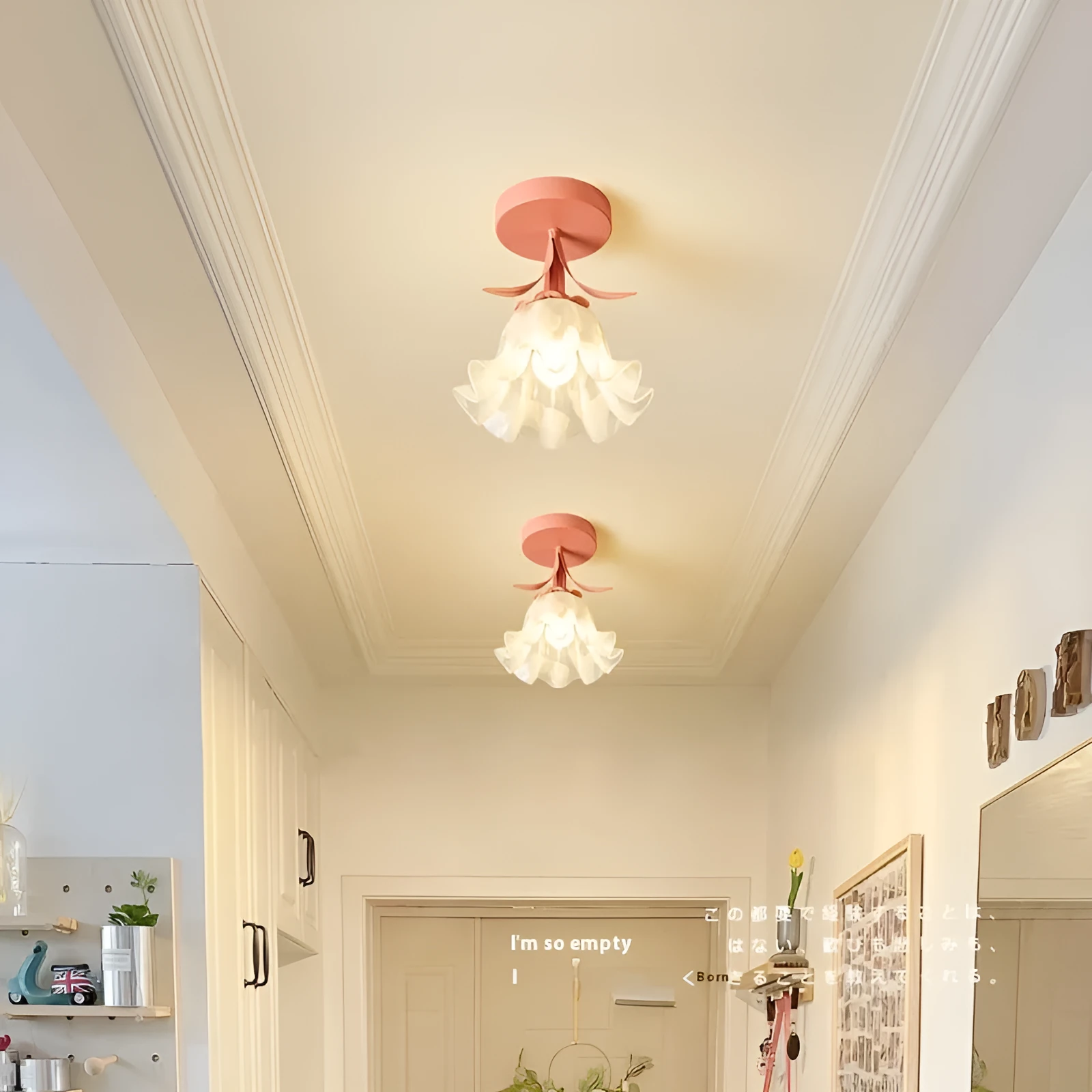 Cream coloured Linglan flower inspired corridor wall light with modern simple design on a white background.