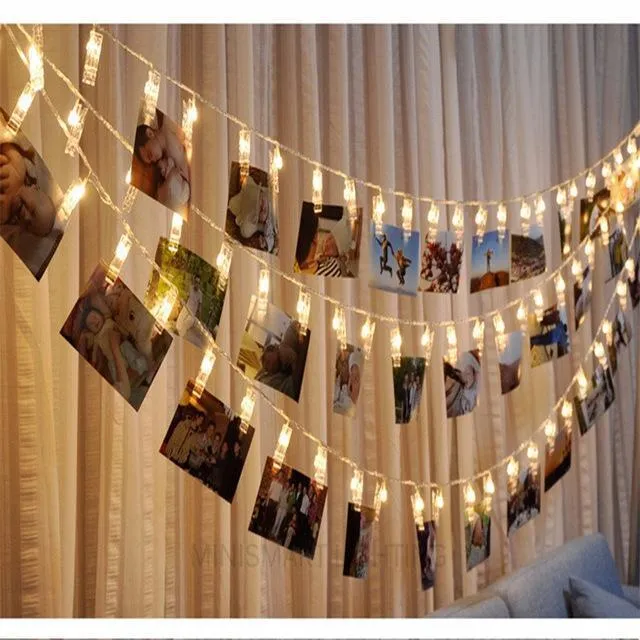 LED photo holder string lights 160cm with 10 bulbs warm white light on wall displaying photos
