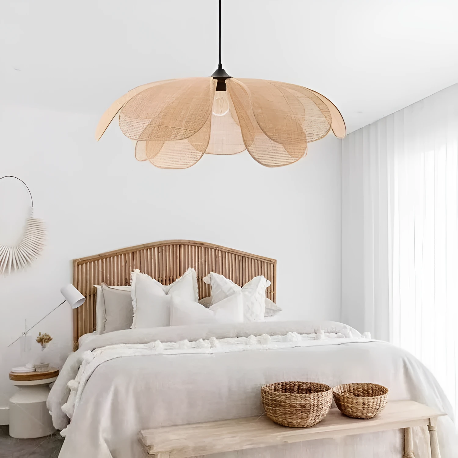 Creative handmade rattan petal chandelier bamboo ceiling lamp with LED light source natural woven design