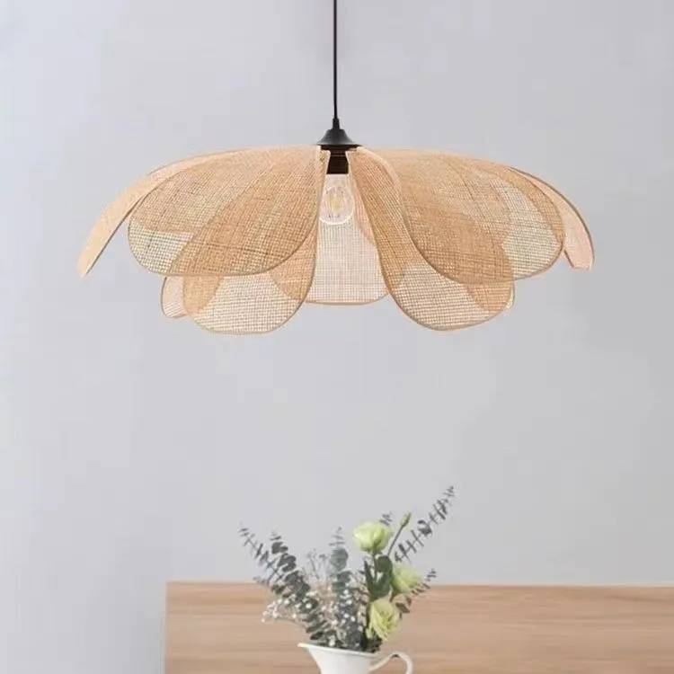 Creative handmade rattan petal chandelier bamboo ceiling lamp with LED light source natural woven design