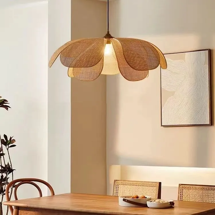 Creative handmade rattan petal chandelier bamboo ceiling lamp with LED light source natural woven design