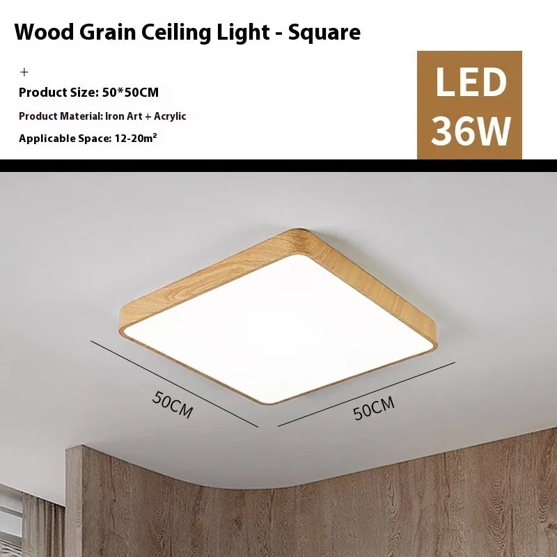Nordic wood grain iron art ceiling light with square shape and white light for bedroom or study