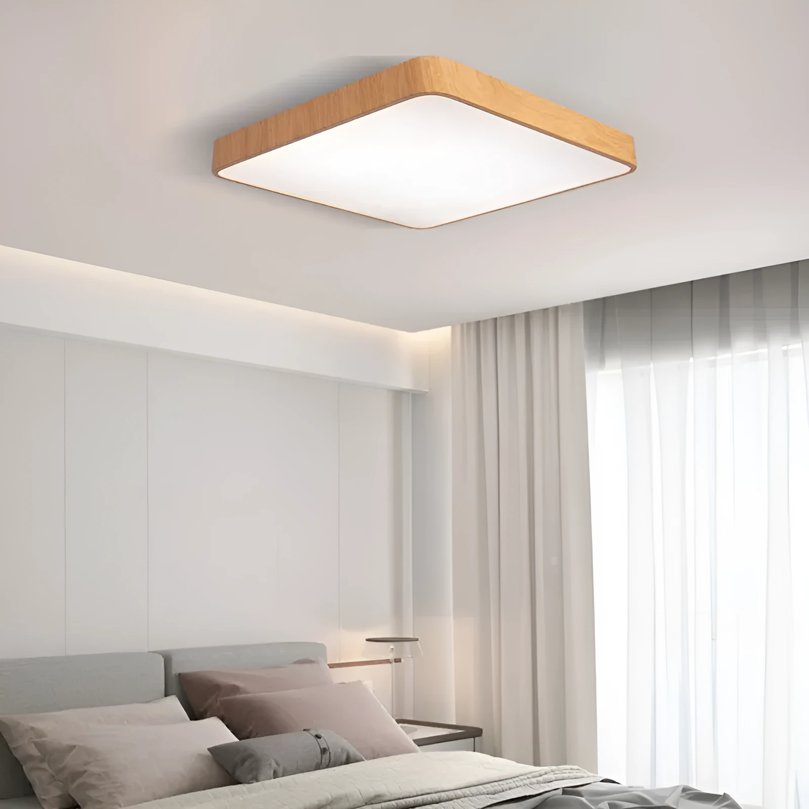 Nordic wood grain iron art ceiling light with square shape and white light for bedroom or study
