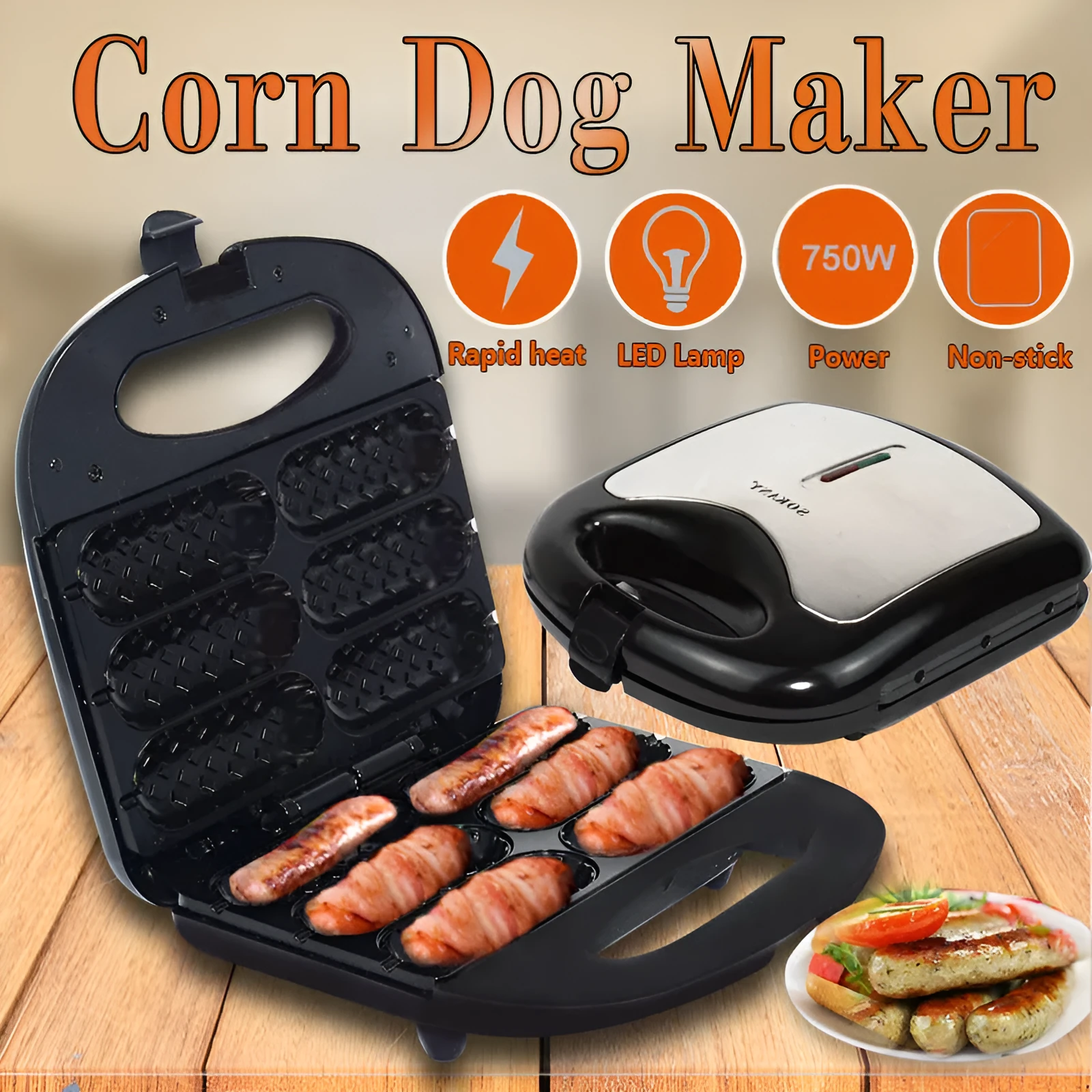 Black home hot dog roast sausage frying machine with non-stick coated rollers on a countertop