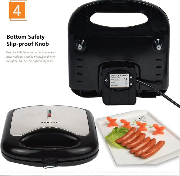 Black home hot dog roast sausage frying machine with non-stick coated rollers on a countertop