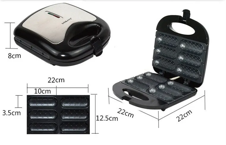 Black home hot dog roast sausage frying machine with non-stick coated rollers on a countertop