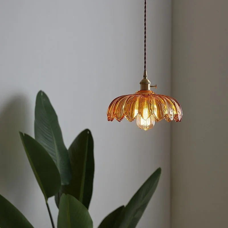 Brass glass chandelier with amber-yellow glass shades, 26CM diameter