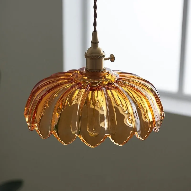 Brass glass chandelier with amber-yellow glass shades, 26CM diameter