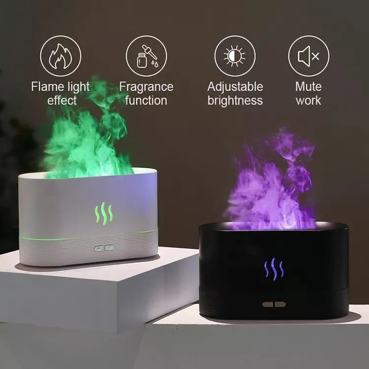 USB ultrasonic flame humidifier with RGB colour changing night light, 180ml tank, black and white options