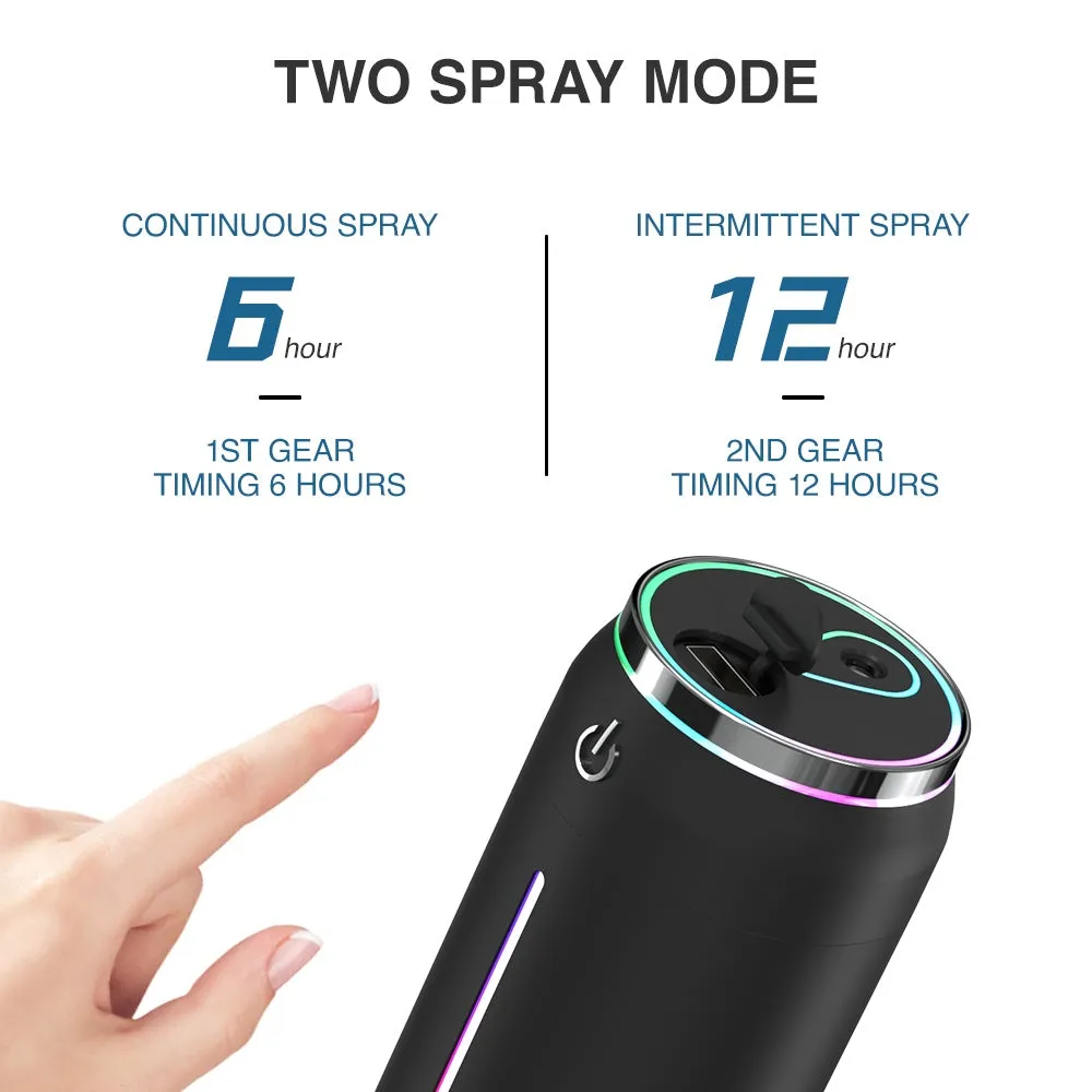 220ml USB car humidifier in black with 141x64x64mm dimensions, ABS PP build, mini light and fan included