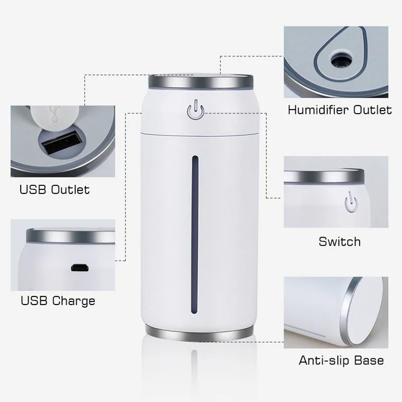 220ml USB car humidifier in black with 141x64x64mm dimensions, ABS PP build, mini light and fan included