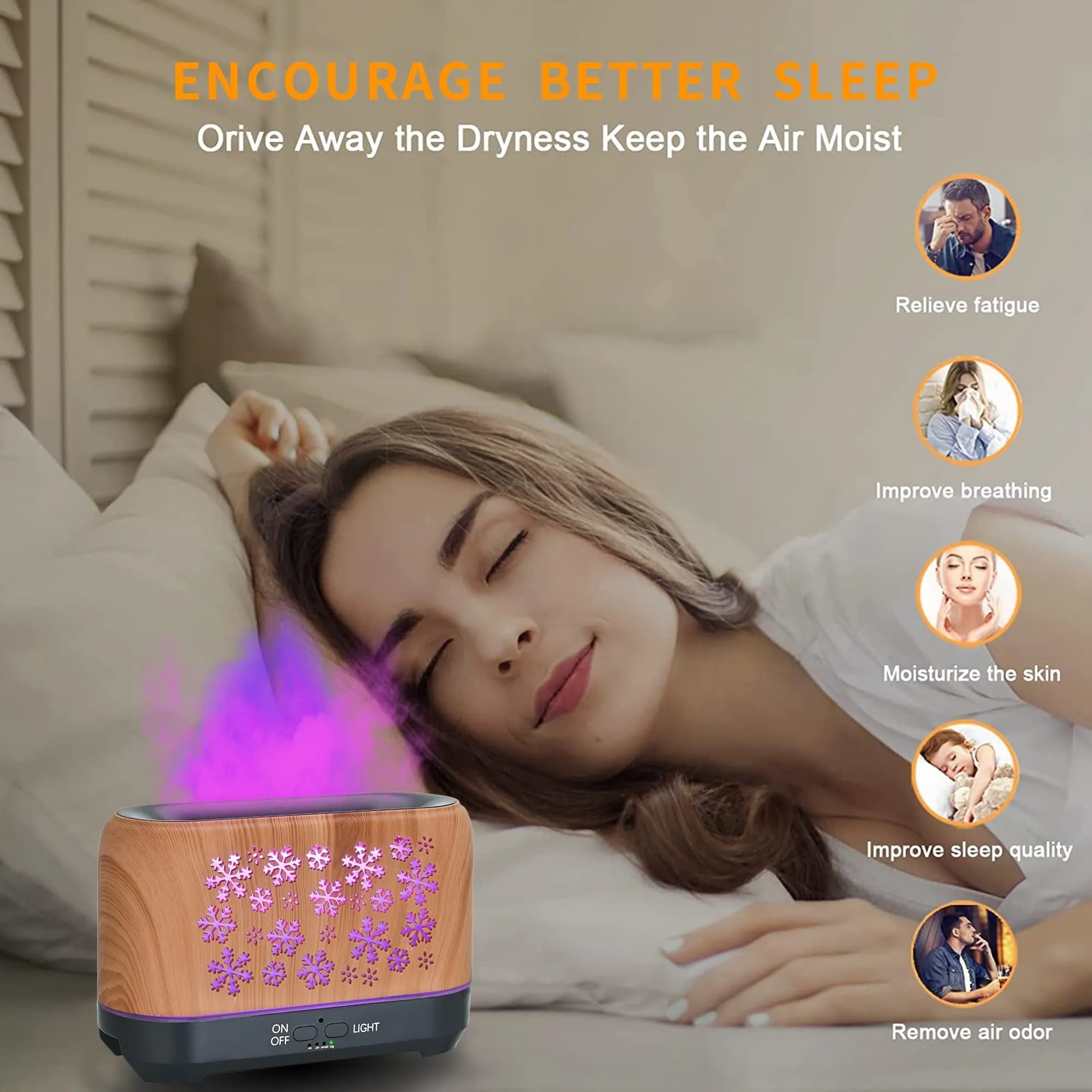 Wood grain snowflake pattern desktop humidifier with 7 colour flame effect and remote control