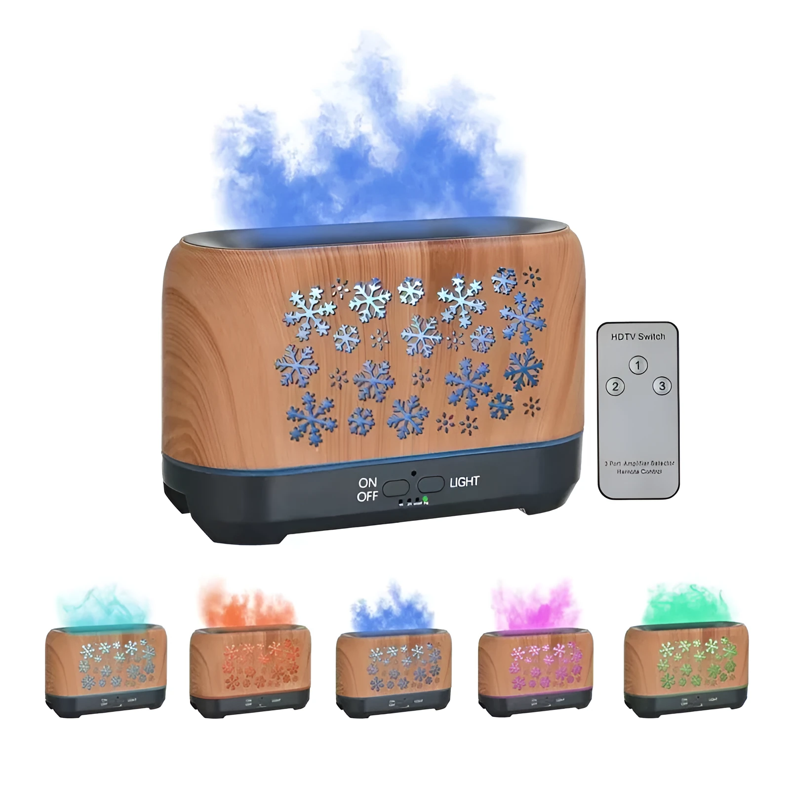 Wood grain snowflake pattern desktop humidifier with 7 colour flame effect and remote control