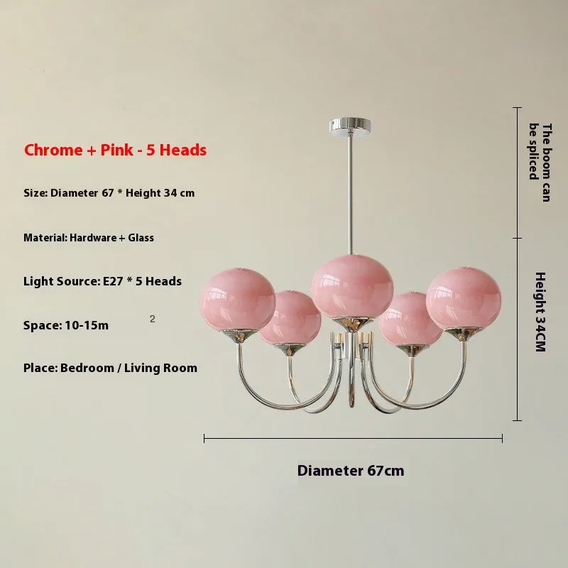 Retro five-head glass chandelier with iron frame and LED tricolour light in milky white finish