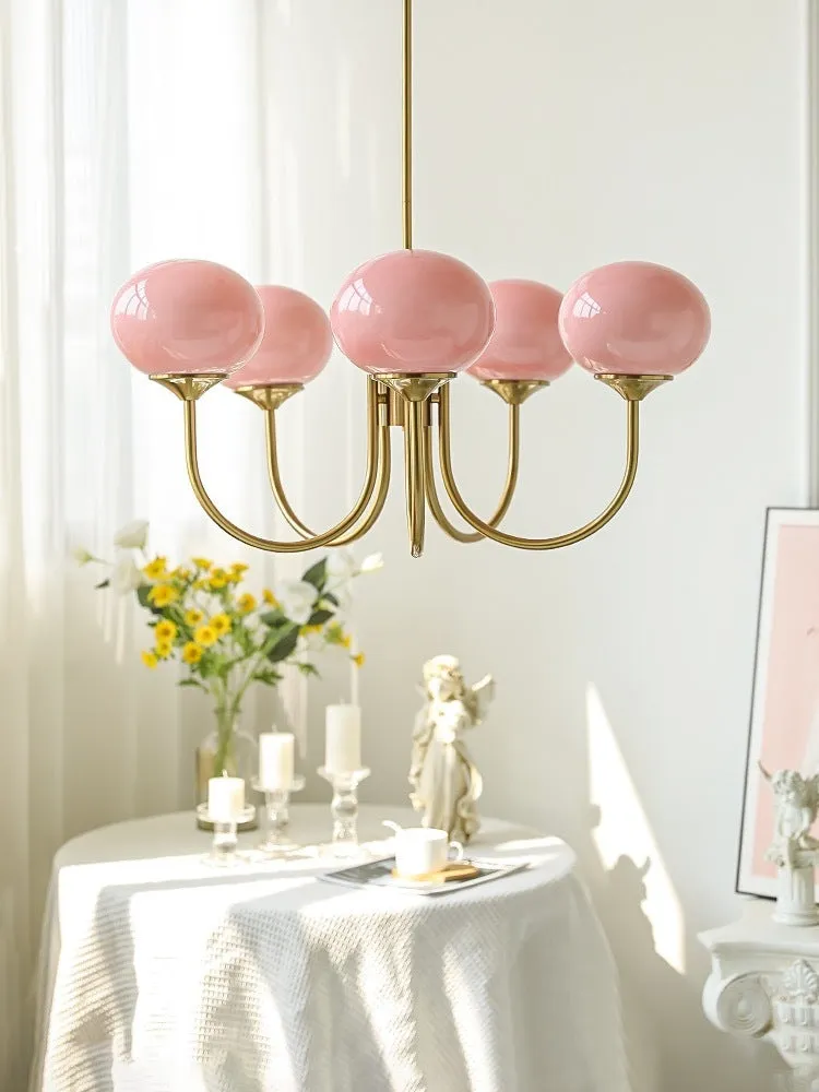 Retro five-head glass chandelier with iron frame and LED tricolour light in milky white finish
