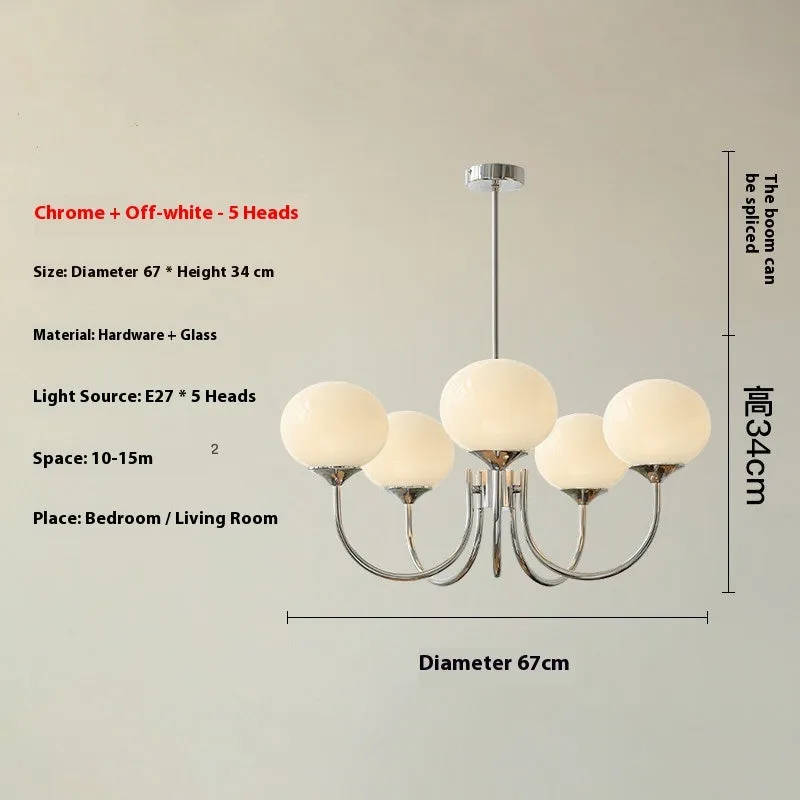 Retro five-head glass chandelier with iron frame and LED tricolour light in milky white finish