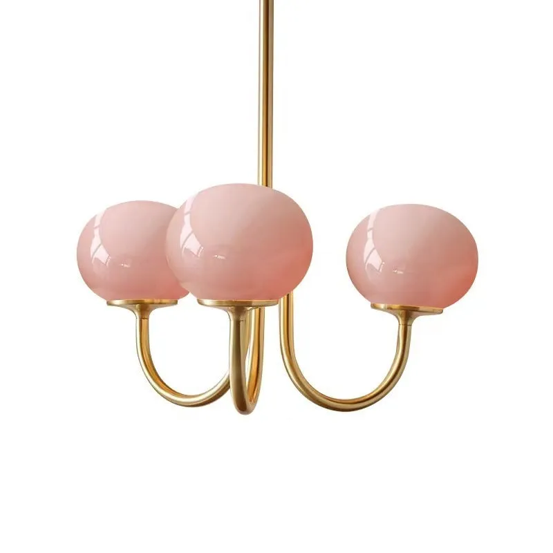 Retro five-head glass chandelier with iron frame and LED tricolour light in milky white finish