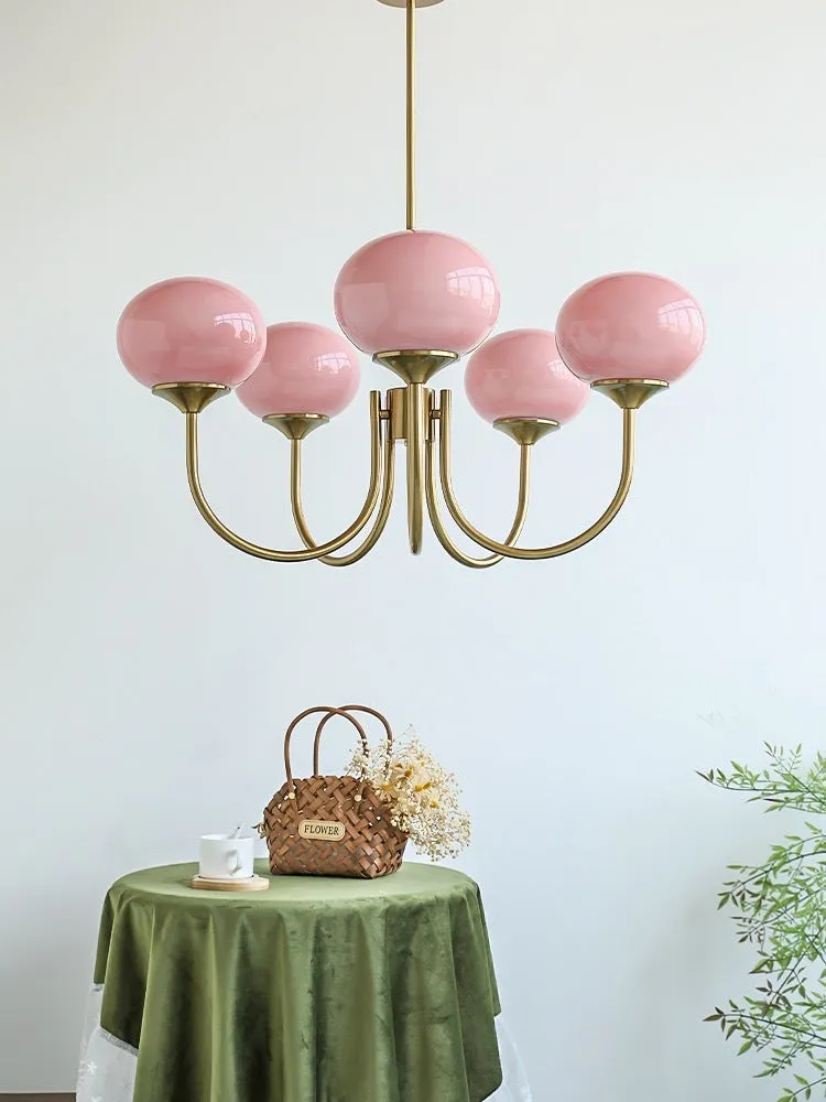 Retro five-head glass chandelier with iron frame and LED tricolour light in milky white finish