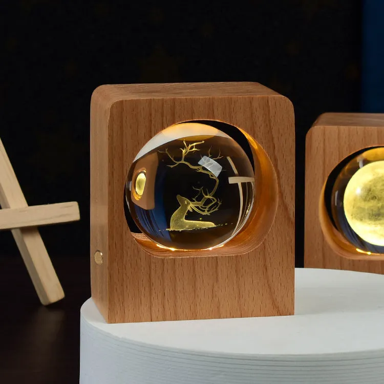 Beech crystal ball night light with 3D laser engraved jellyfish pattern on wooden base, USB dimmable lamp for bedroom