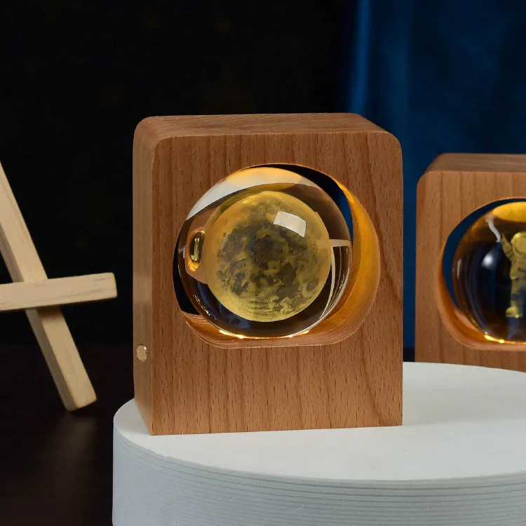Beech crystal ball night light with 3D laser engraved jellyfish pattern on wooden base, USB dimmable lamp for bedroom