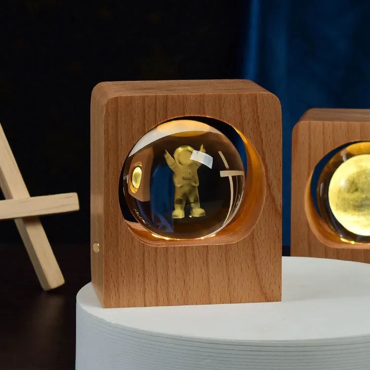 Beech crystal ball night light with 3D laser engraved jellyfish pattern on wooden base, USB dimmable lamp for bedroom